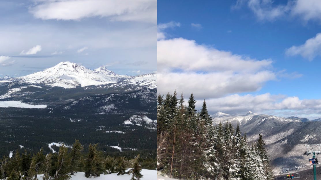 Two photos. On the left is Mount Bachelor. There is a lift visible along with several steep peaks. On the right is Loon Mountain and there is a lift visible with several smaller hills.