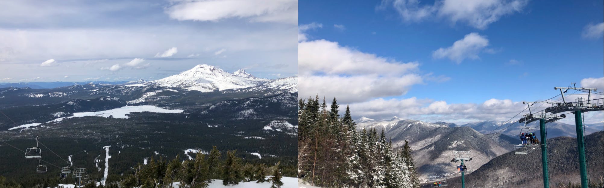 Two photos. On the left is Mount Bachelor. There is a lift visible along with several steep peaks. On the right is Loon Mountain and there is a lift visible with several smaller hills.