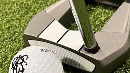 The TaylorMade Spider SR Platinum #9 Putter in front of a ball. 