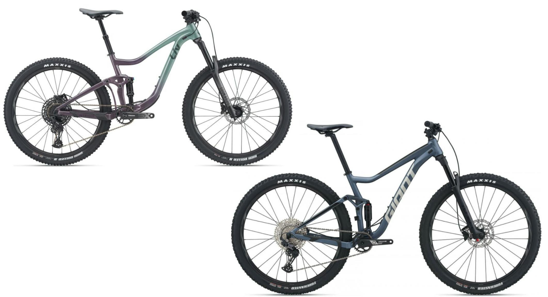 Two bikes. The Liv Intrigue 29 1 Mountain Bike (top left) and the Giant Stance 29 2 Mountain Bike (bottom right).