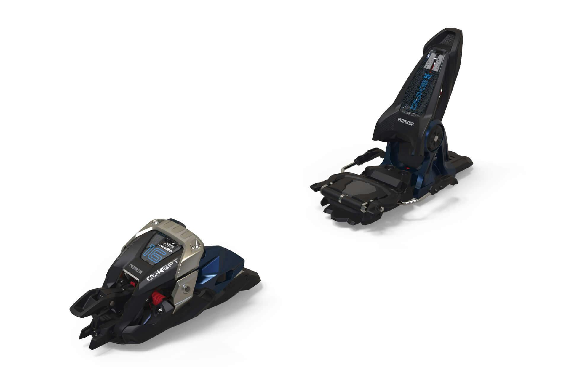 A pair of ski bindings with the label Duke PT