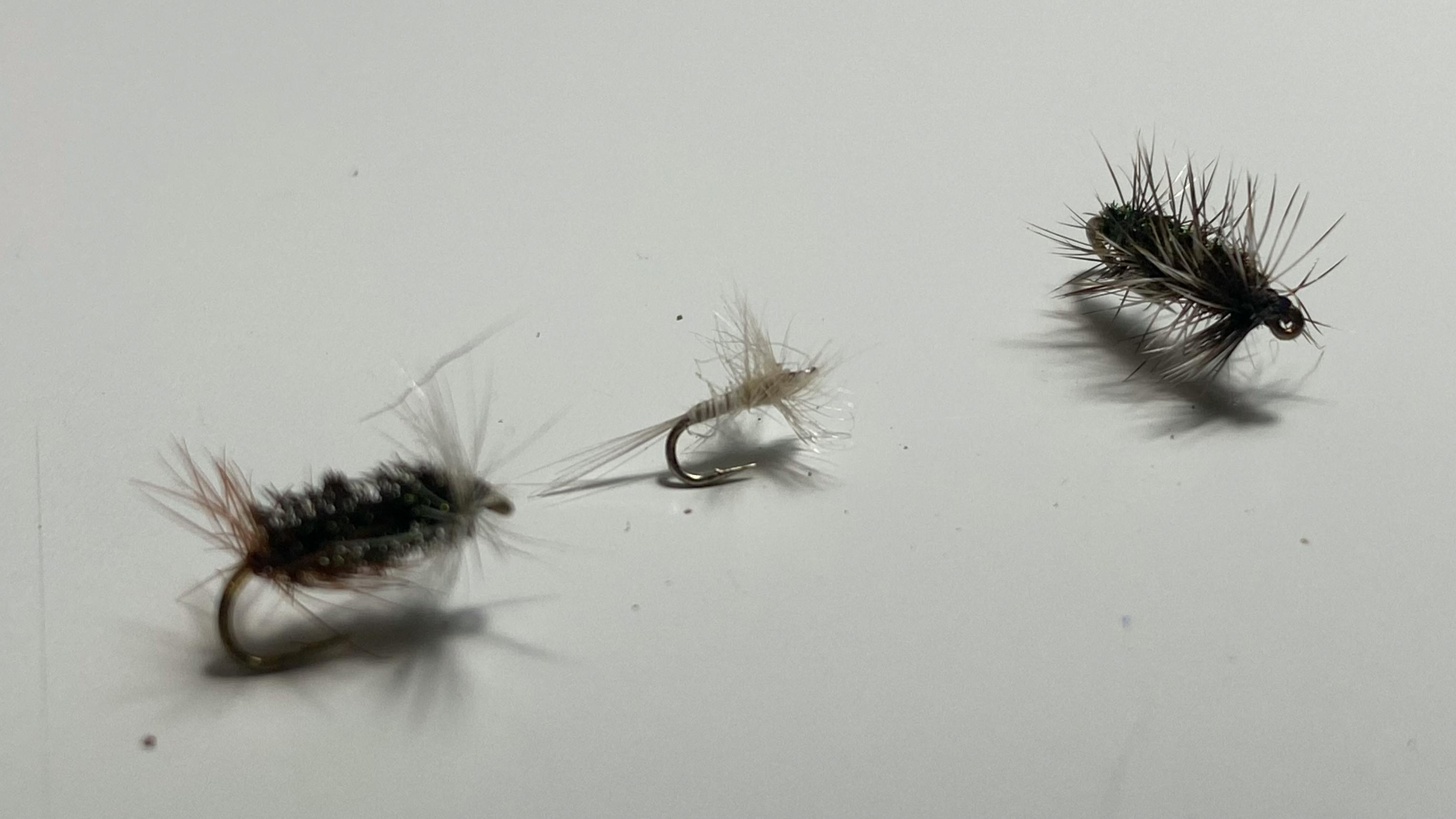 An image of the author's Renegade, Trico, and Griffith’s gnat flies on a white background.