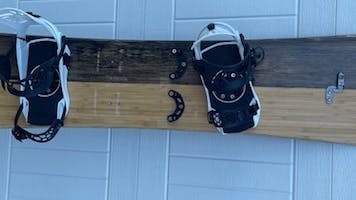 The Union Explorer Split Snowboard Bindings mounted to a splitboard. 