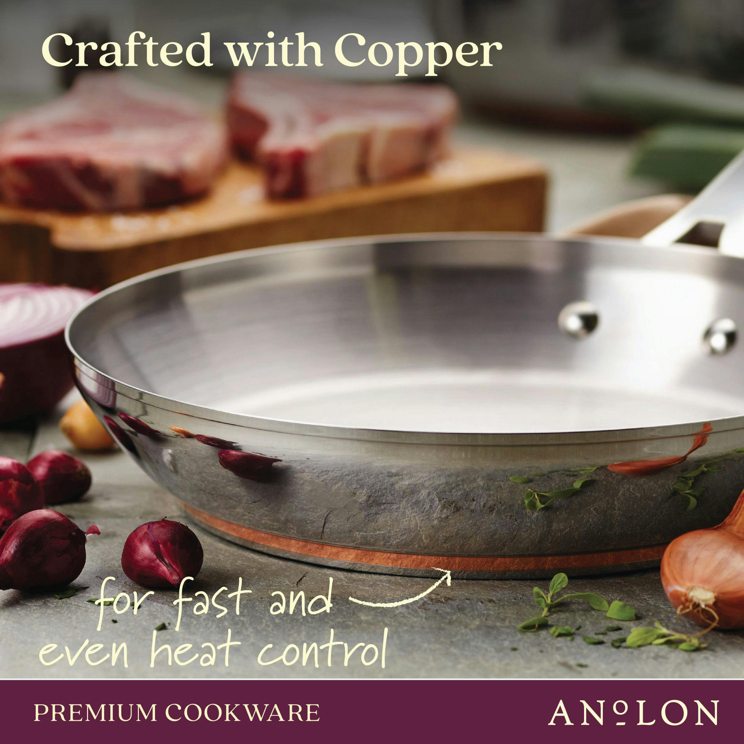 Anolon Nouvelle Copper Stainless Steel Sauteuse and Frying Pan Set, 3-Piece, Silver
