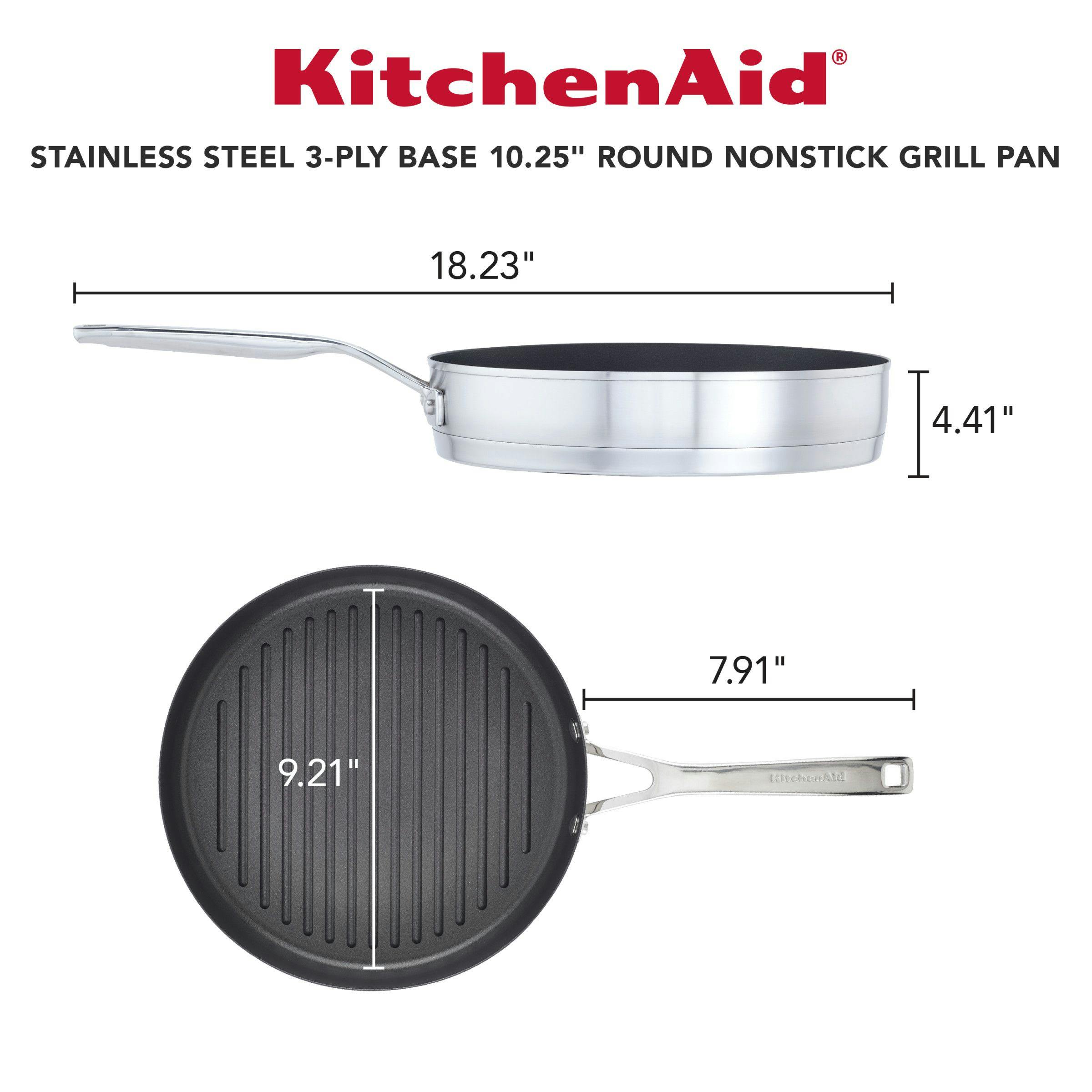 KitchenAid 3-Ply Base Stainless Steel Nonstick Induction Grill Pan,  10.25-Inch, Brushed Stainless Steel
