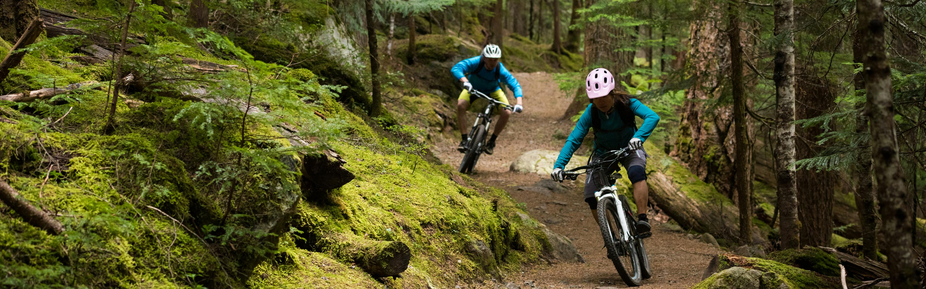 Two mountain bikers ride down a trail with mossy hills on either side