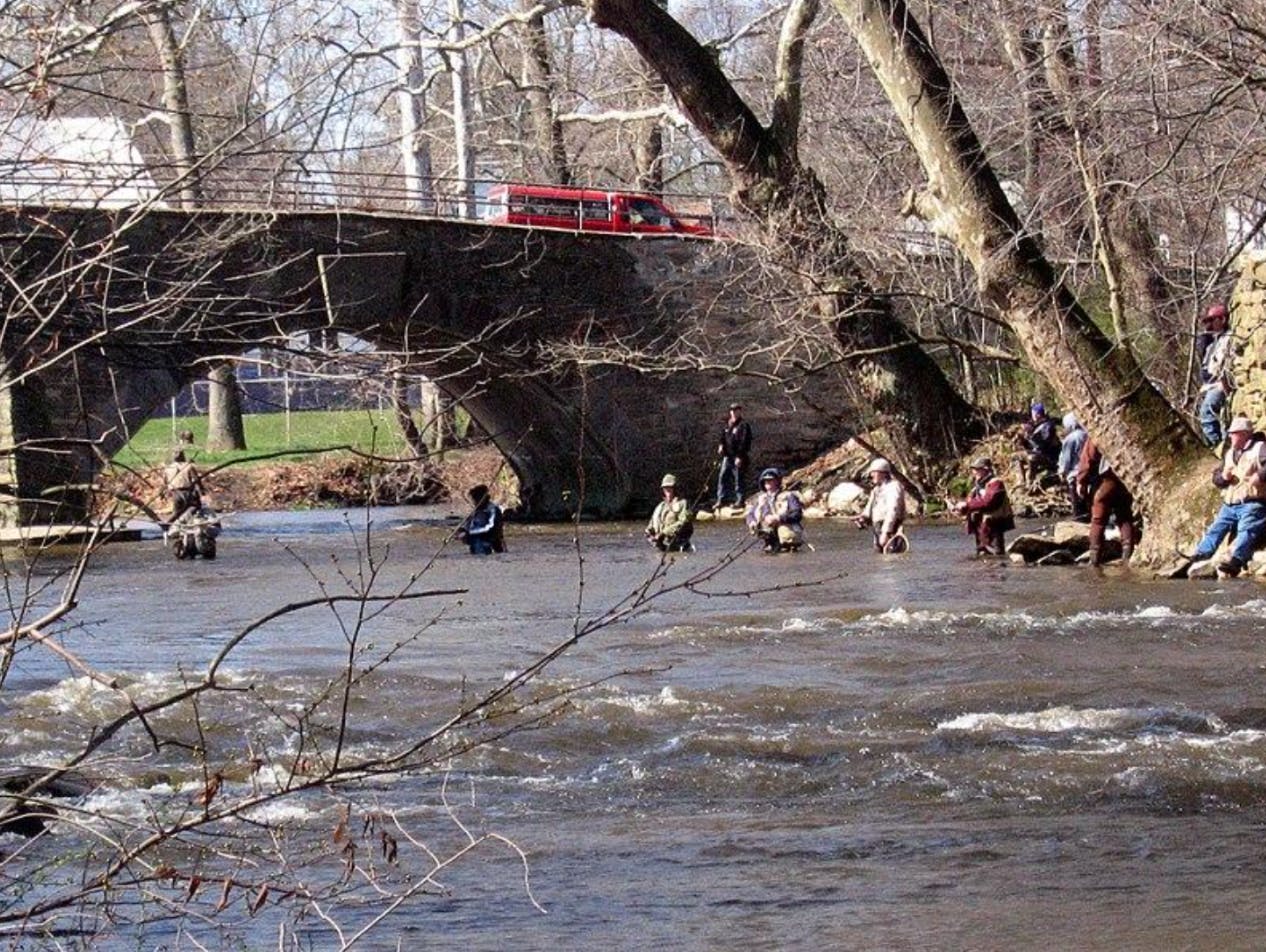 Several anglers standing in a river.
