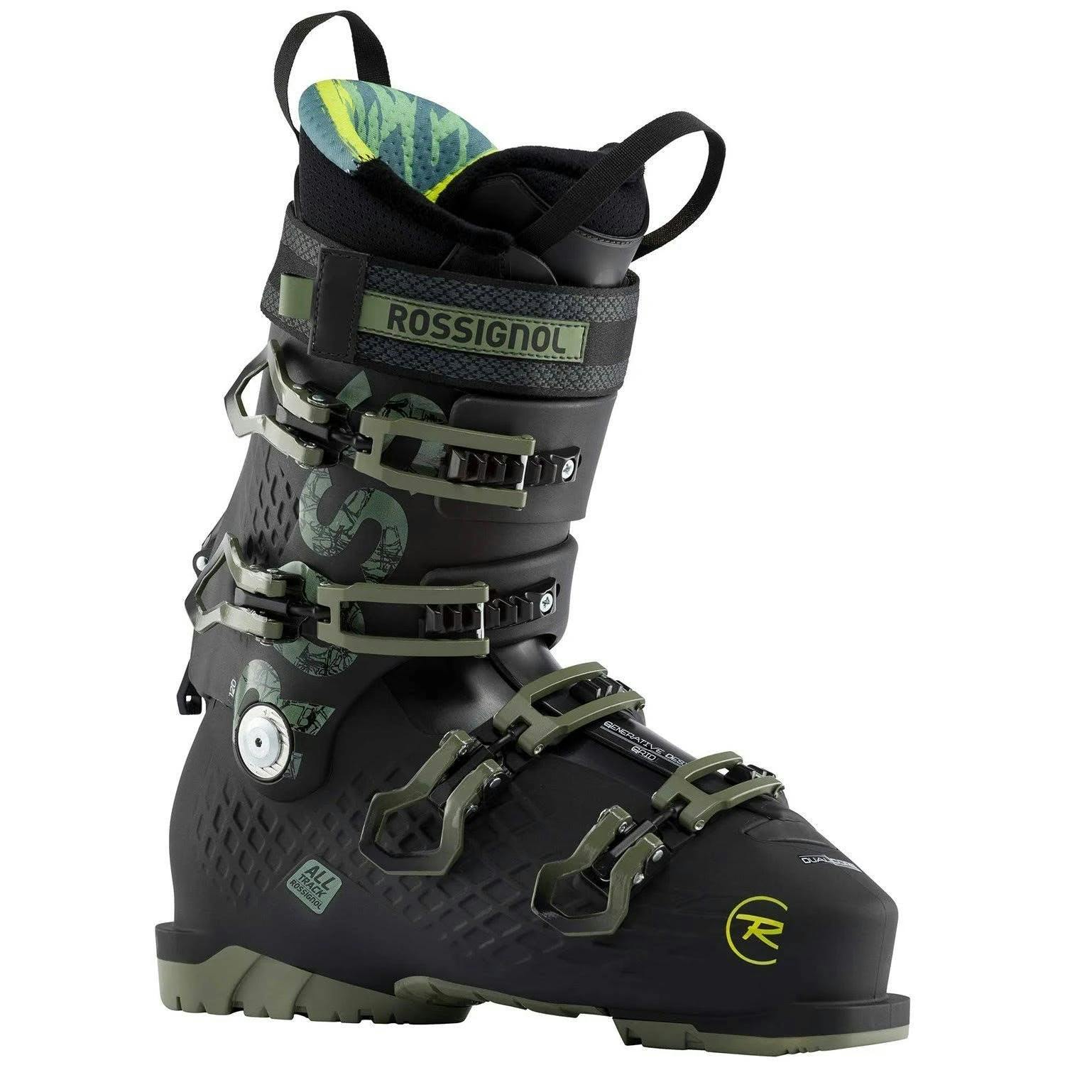 A black ski boot with green accents and a label reading Rossignol