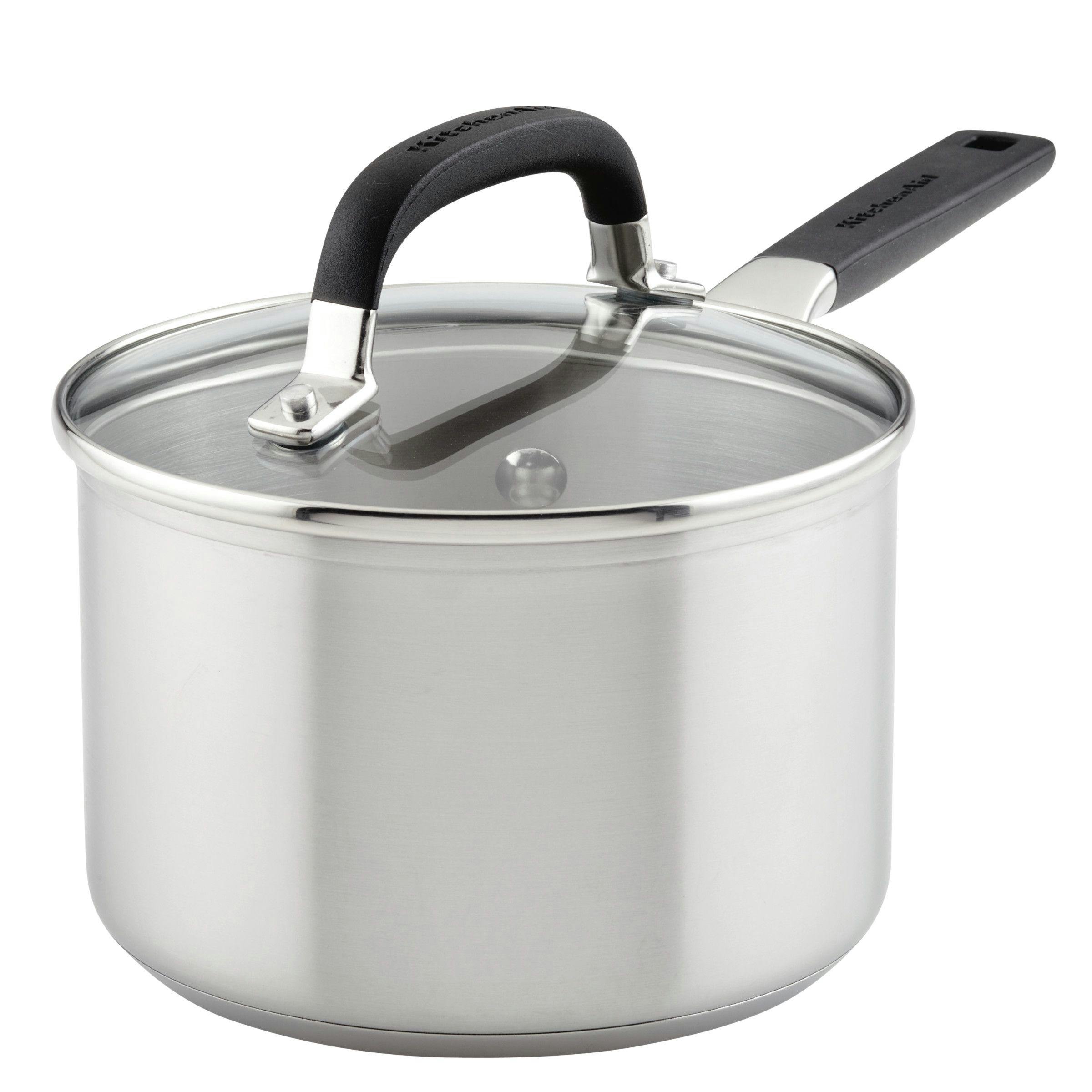 KitchenAid Stainless Steel Induction Saucepan with Measuring Marks and Lid, 2-Quart, Brushed Stainless Steel