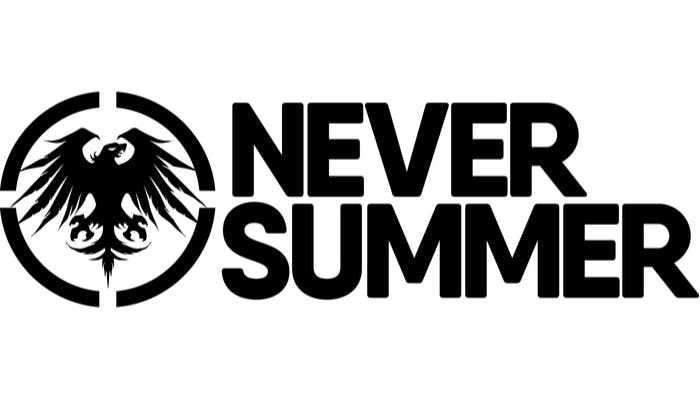 Never Summer logo has a phoenix in a circle on the left and the words "Never Summer" on the right. 