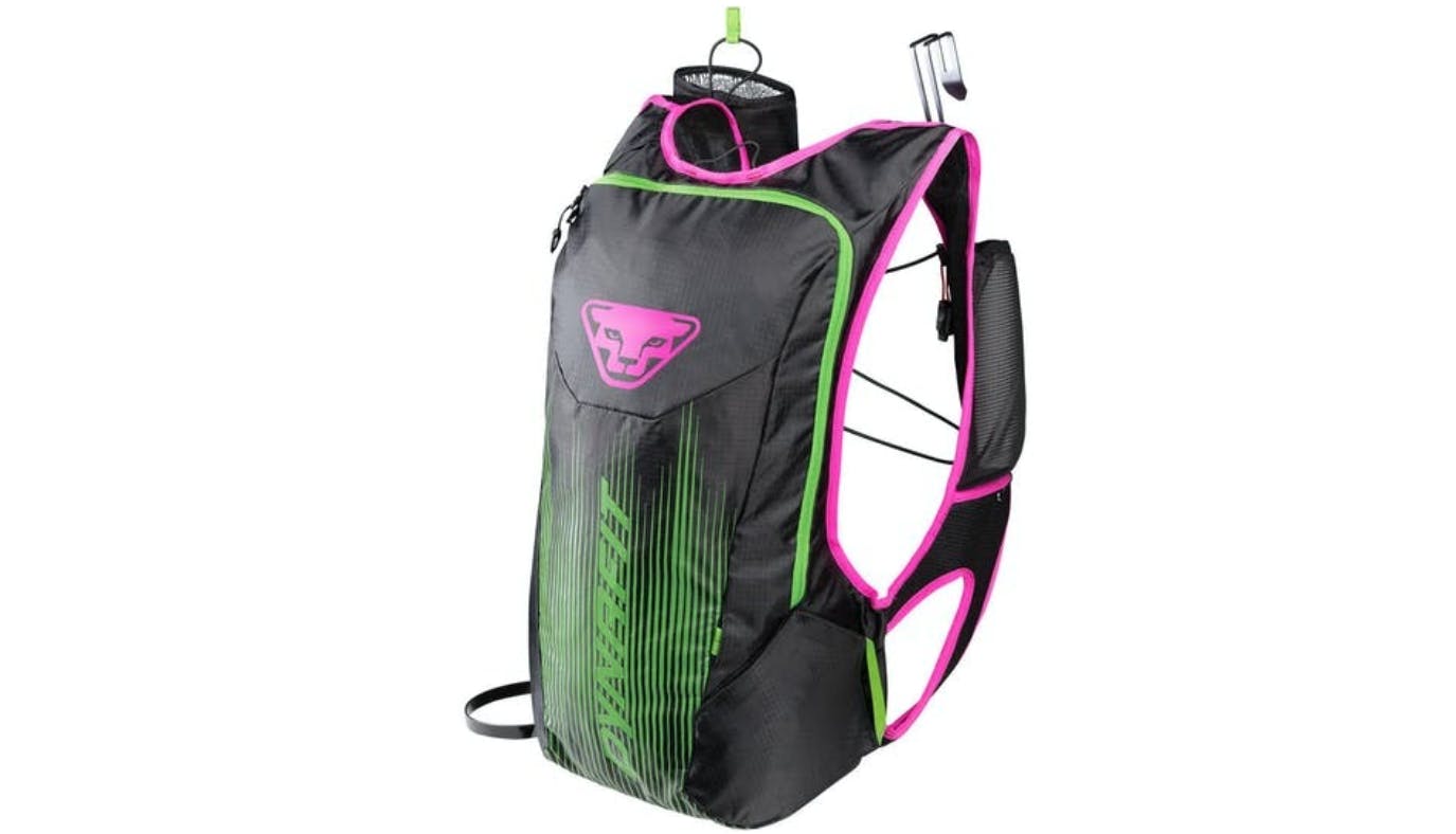 A black Dynafit DNA 16 L backpack with green and pink detailing.