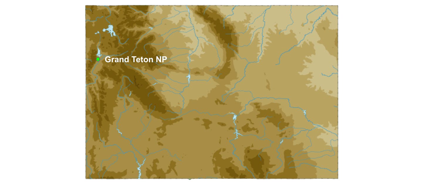 Map showing where Grand Teton National Park is in Wyoming. 