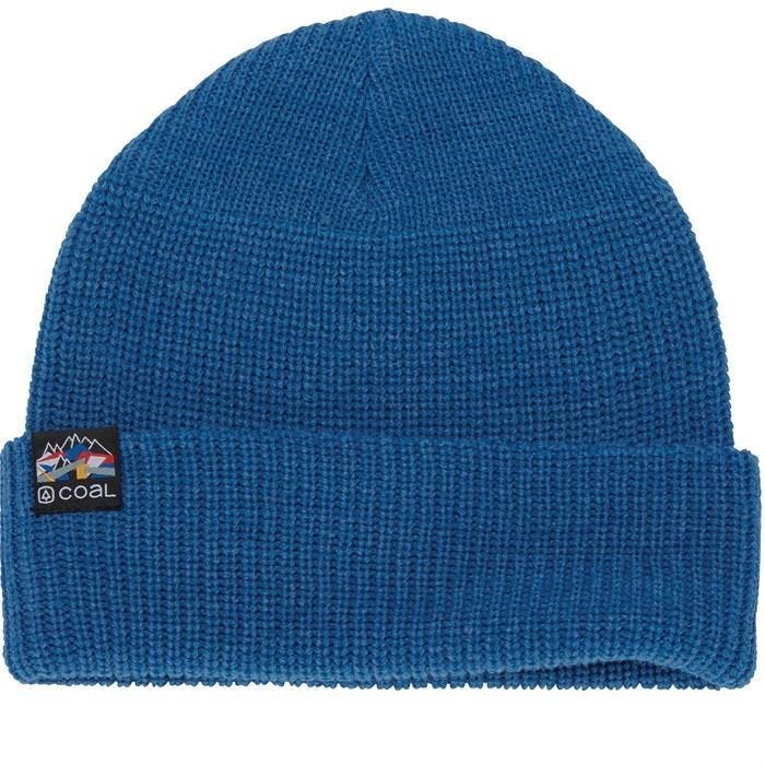 A blue beanie hat with a label reading "coal"