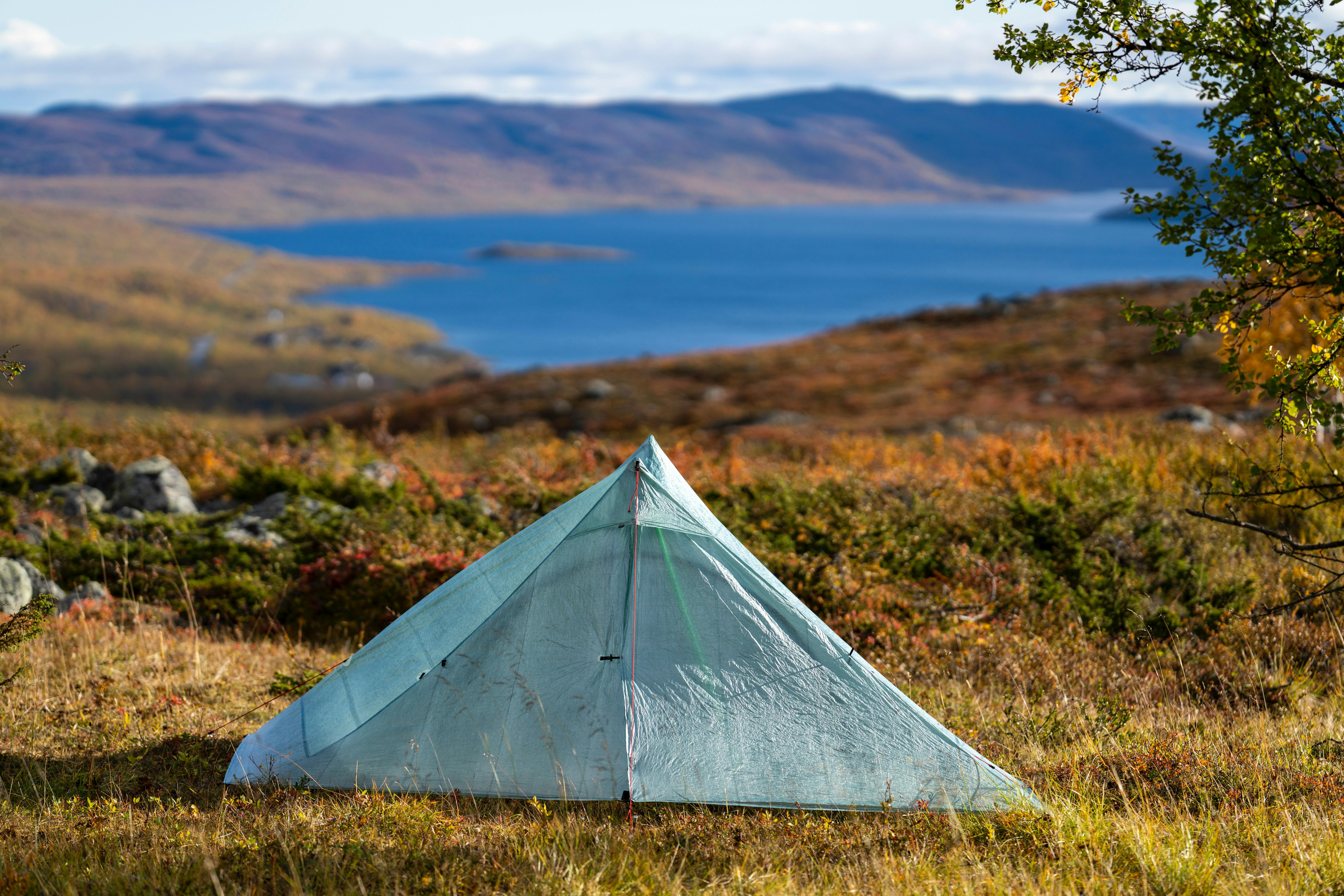 A lightweight tent sits in a field.