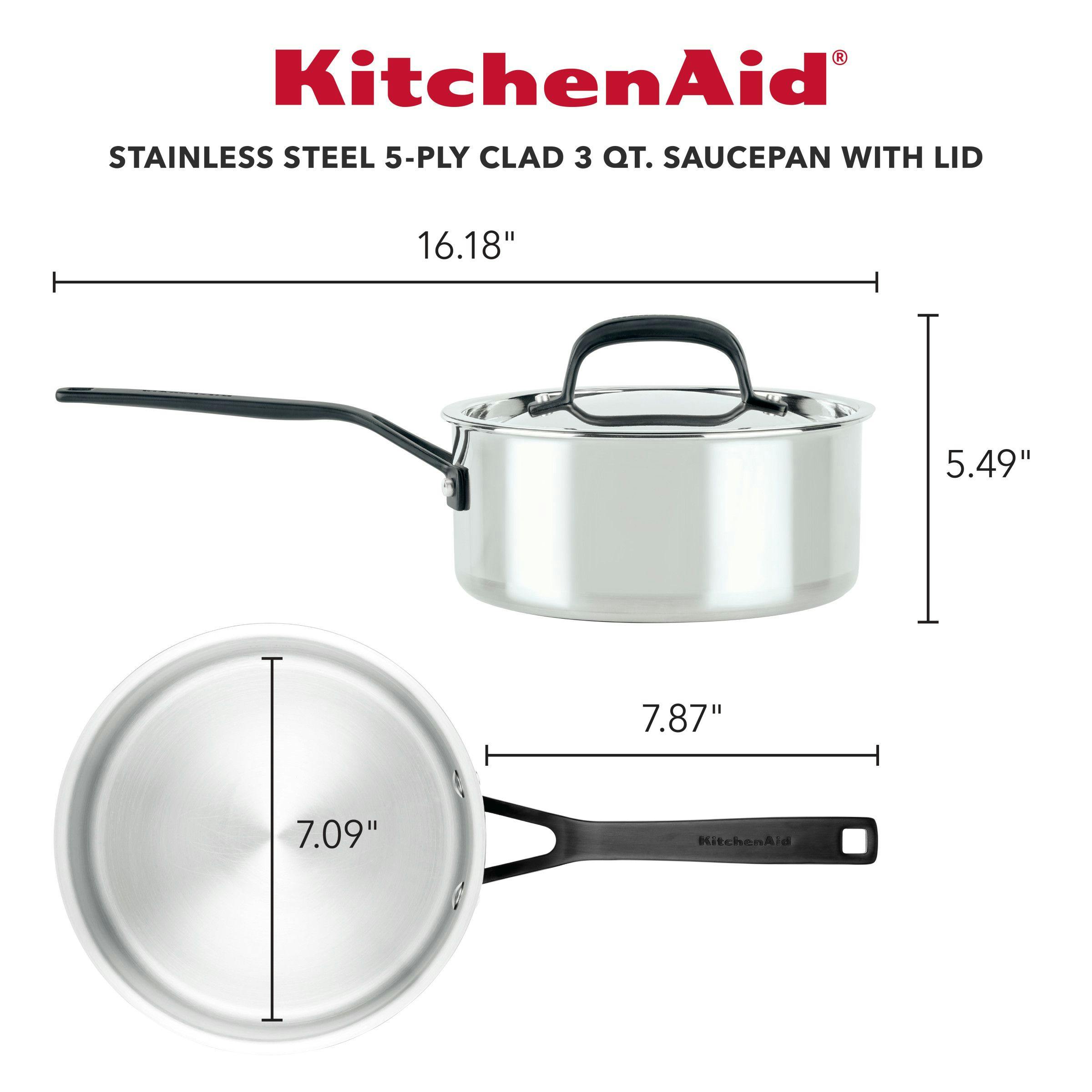 KitchenAid 5-Ply Clad Stainless Steel Induction Saucepan with Lid, 3-Quart, Polished Stainless Steel