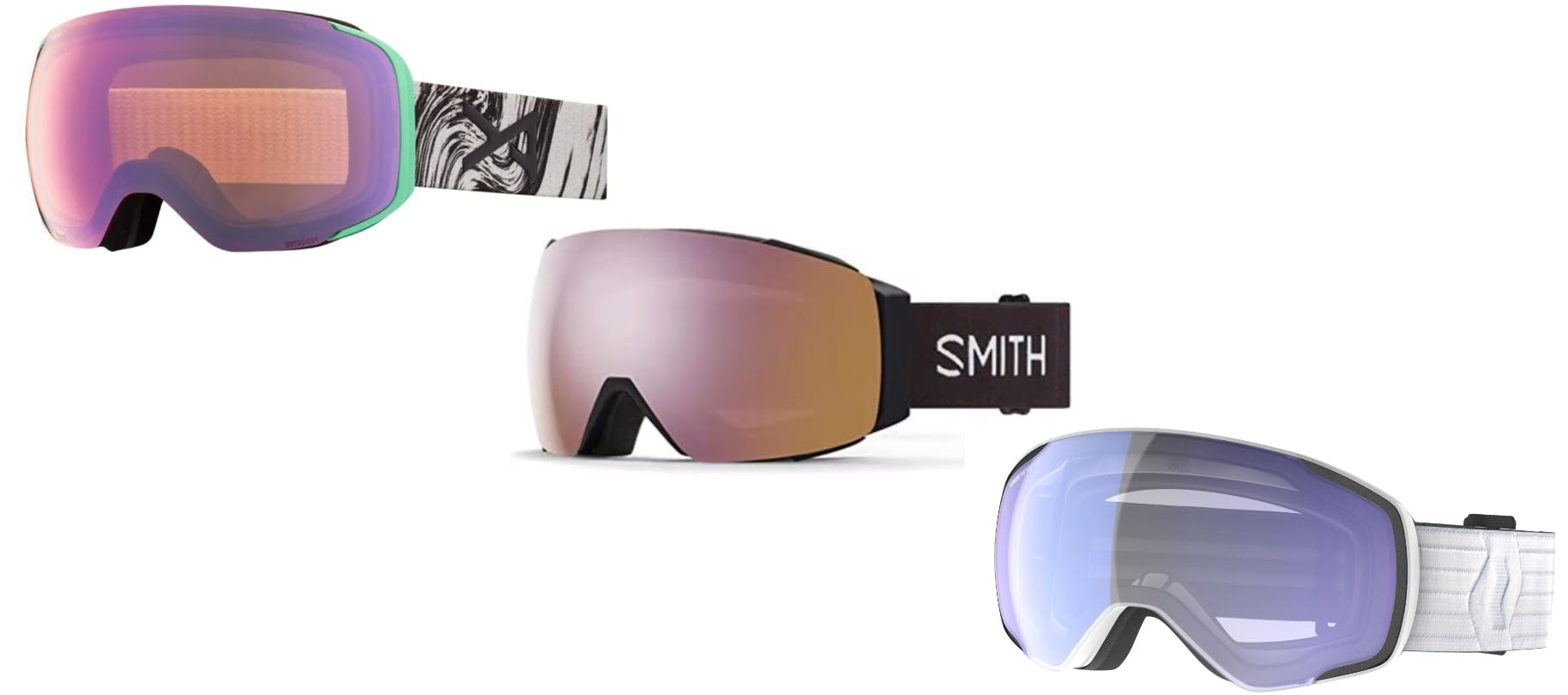 Three goggles. From left to right: the Anon M2 Goggles, the Smith I/O Mag Goggles, and the Scott Vapor Goggles.