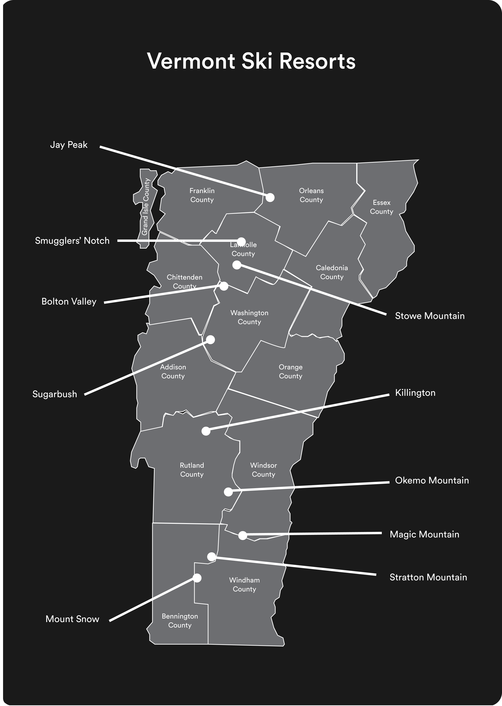 A map showing the ski resorts on Vermont