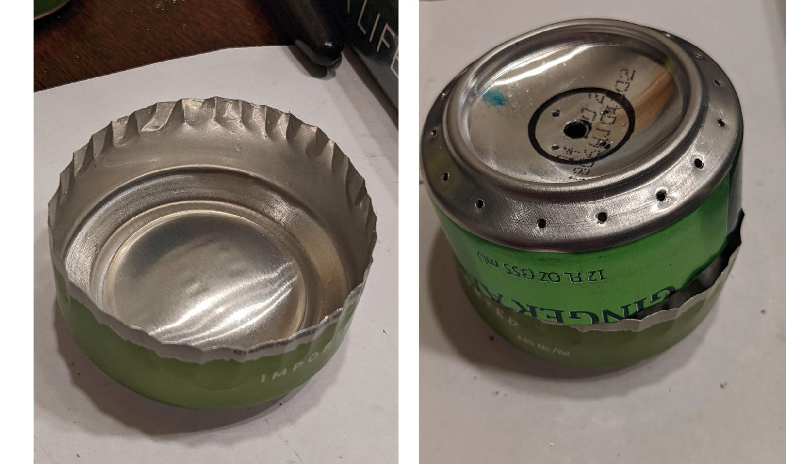 Two photos. Both of sections of a soda can. On the left is just the bottom with kinking around the edge, and on the right is the same bottom part, with another can bottom with holes on it stacked on top of the bottom piece. 