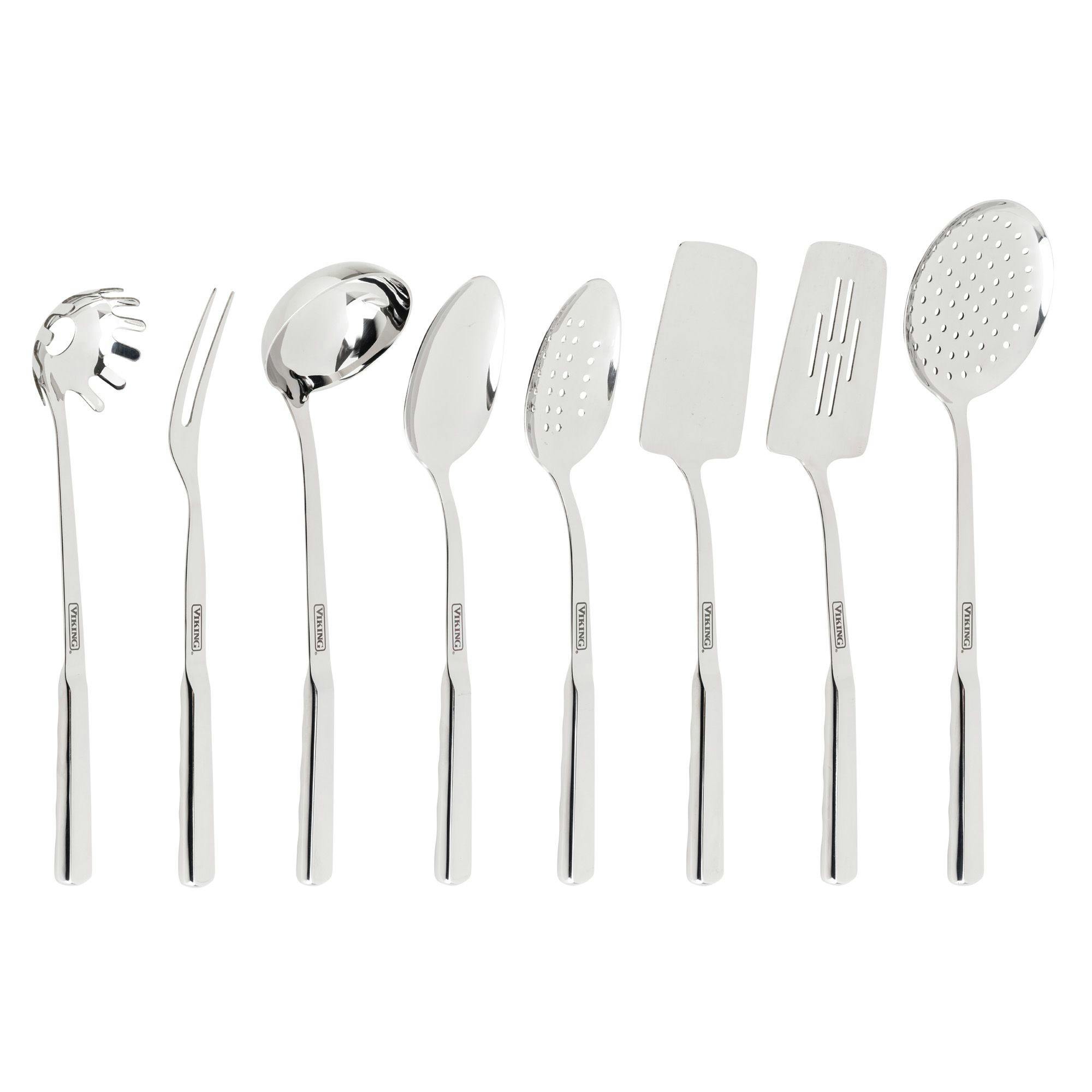 Viking 8pc  Stainless Steel Utensil Set
(Solid & Slotted Spatula, Slotted & Solid Spoon, Pasta Fork, Ladle, Meat Fork, Skimmer)