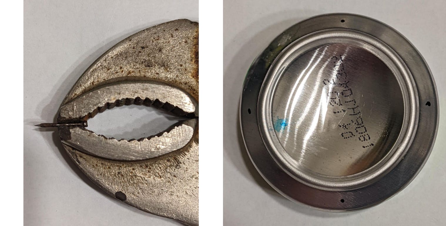 Two images. On the left is a pair of pliers holding a nail. On the right is the bottom of a soda can. 