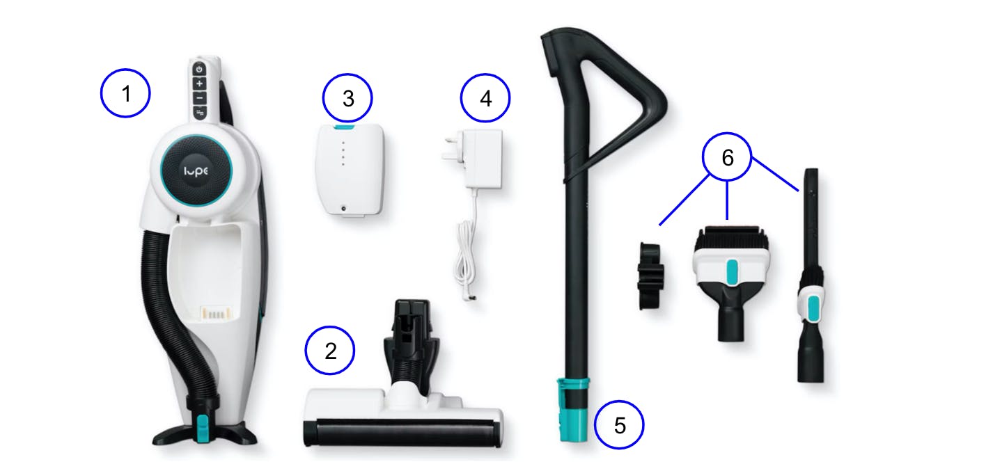 The six parts of the cordless vacuum.