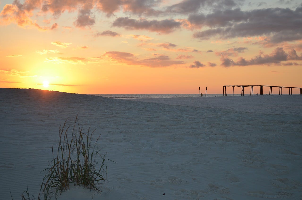 A sunrise or sunset on Panama City Beach. A patch of coastal grass is in the foreground, and a broken pier is silhouetted in the background.