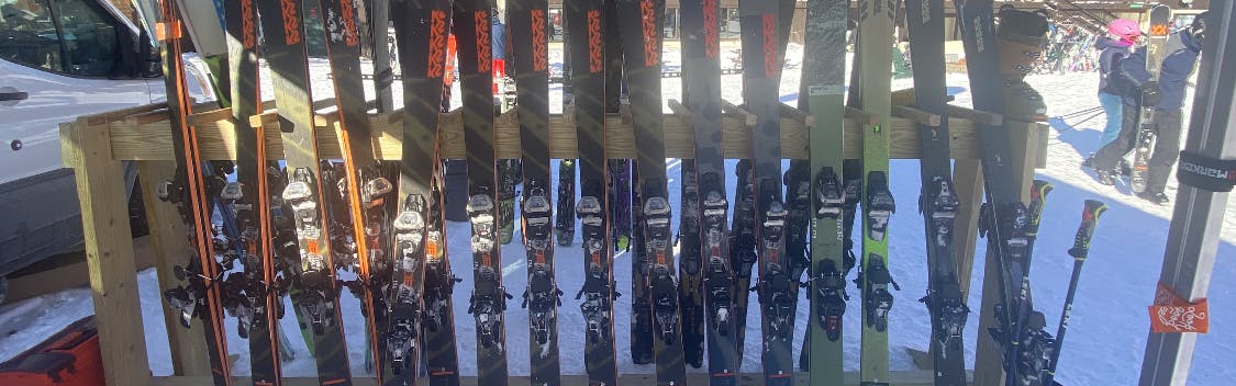 A sweet lineup of Marker Griffons on some of the brand new 2023 K2 Skis! 