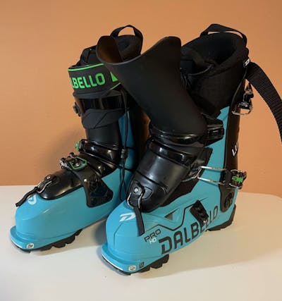 The The 2022 Dalbello Lupo Pro HD with the tongues lifted.