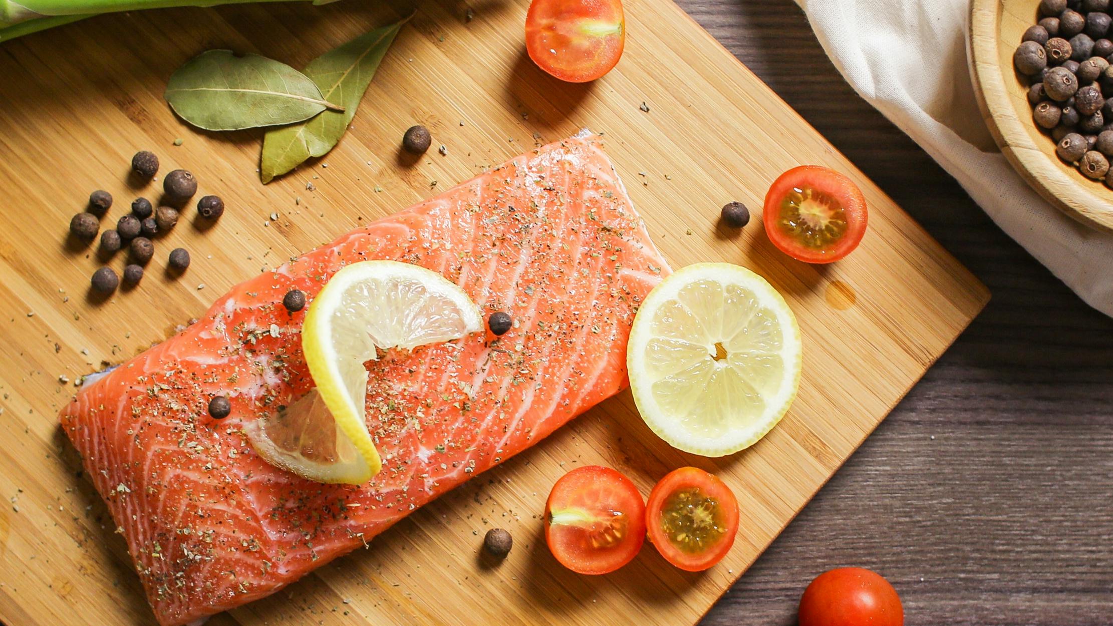 Salmon on a cutting board. 