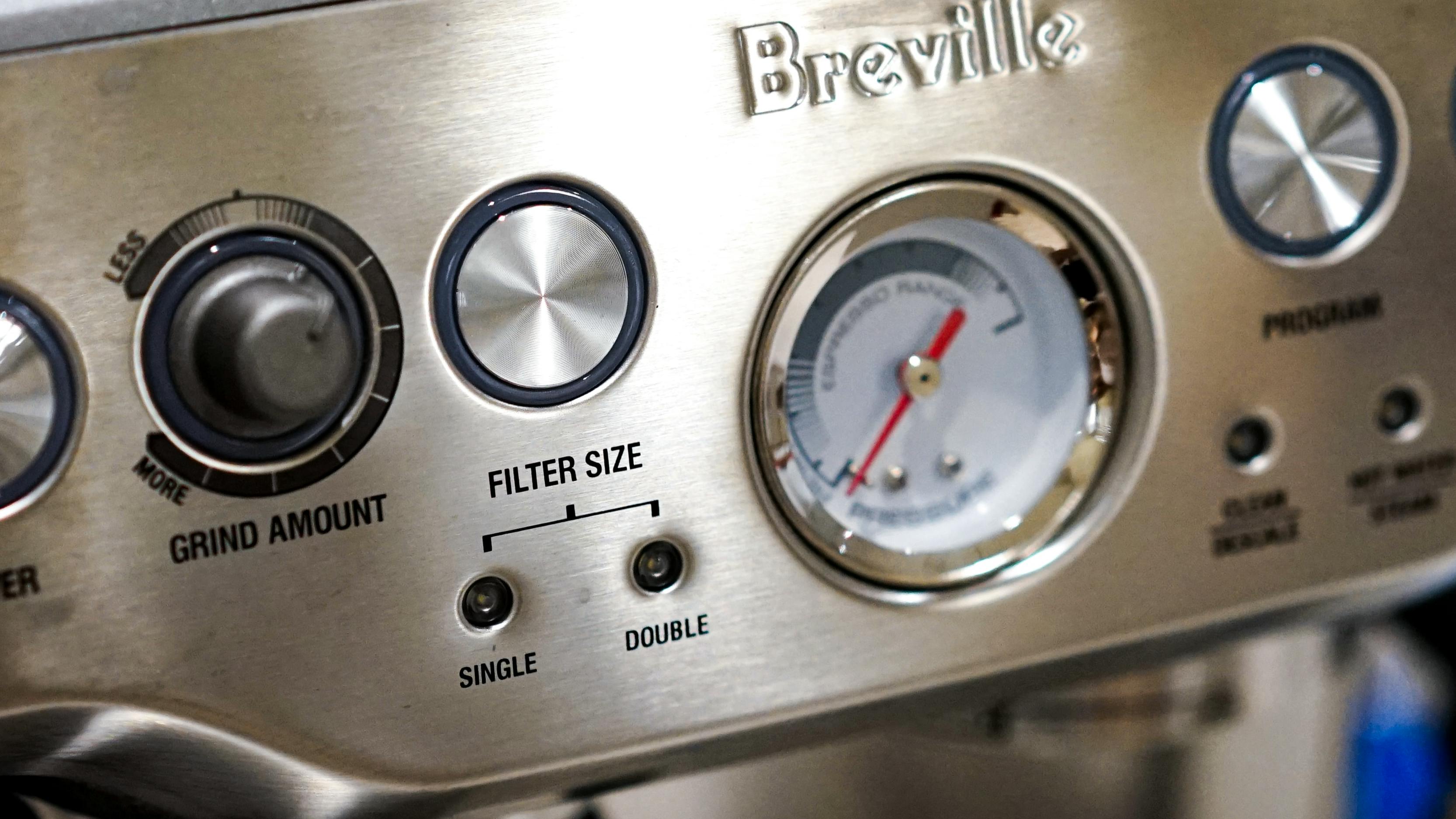 Close up of a Breville espresso machine. 