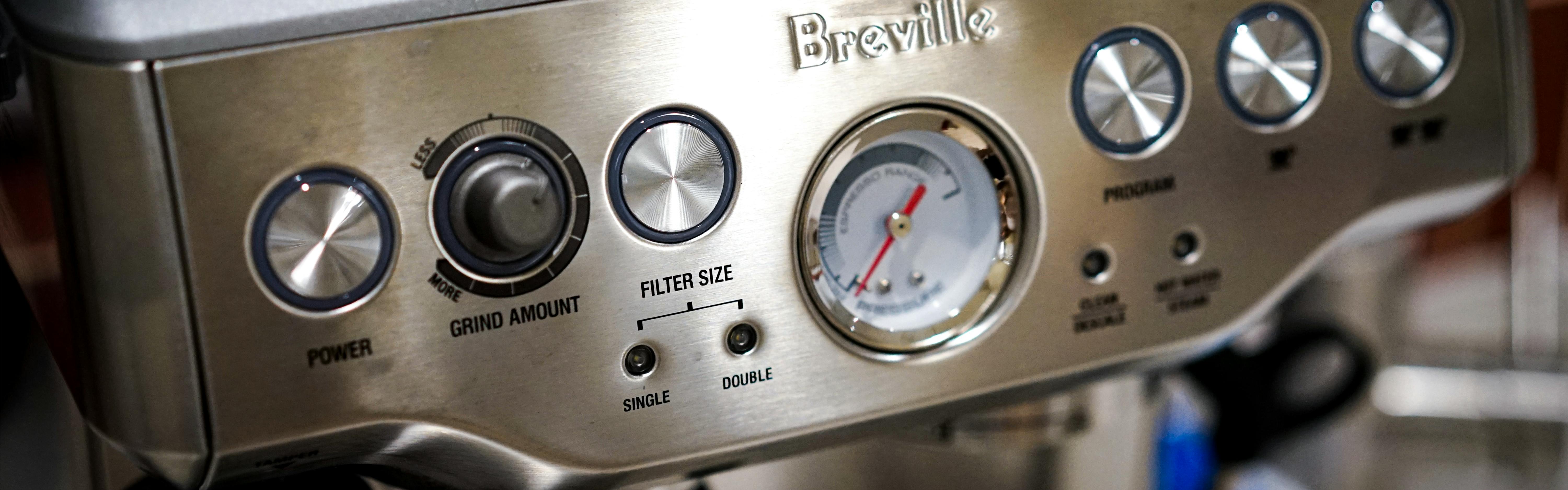 Close up of a Breville espresso machine. 