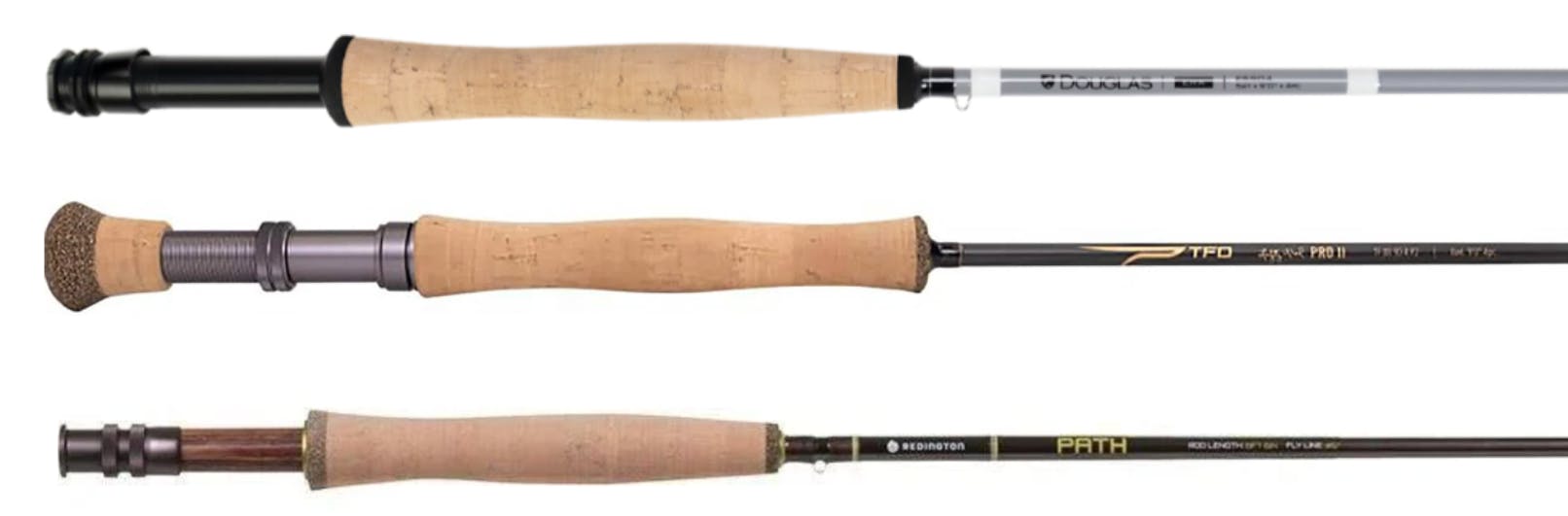 Three fly rods. From top to bottom: the Douglas Era, the Temple Fork Outfitters Pro 3, and the Redington Path.