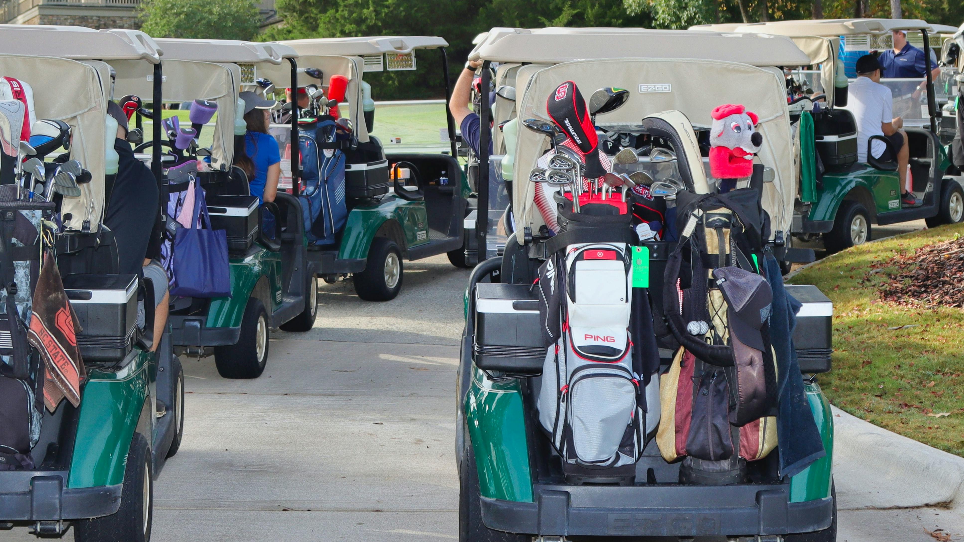 Two lines of golf carts extend into the distance. They are all loaded up with golf bags in their backs. 