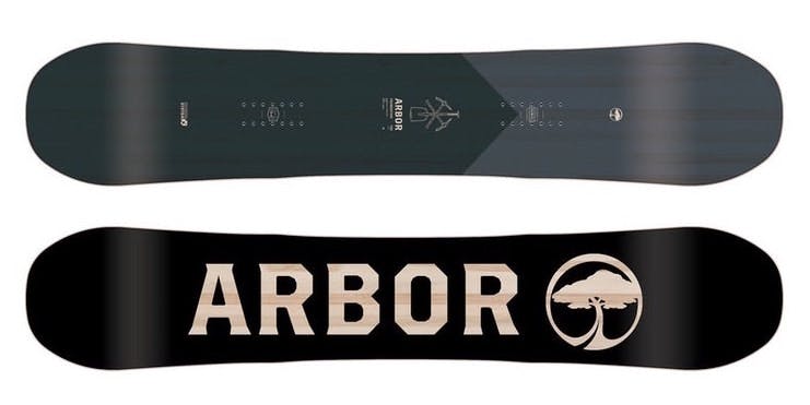 The back and front of a black and grey snowboard. The bottom reads Arbor