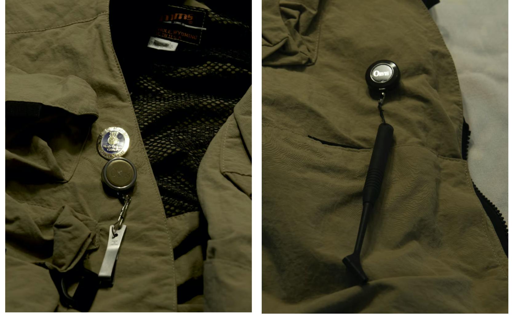 Two photos, on the left is a nipper retract and on the right is a release tool. Both are attached to fishing vests.