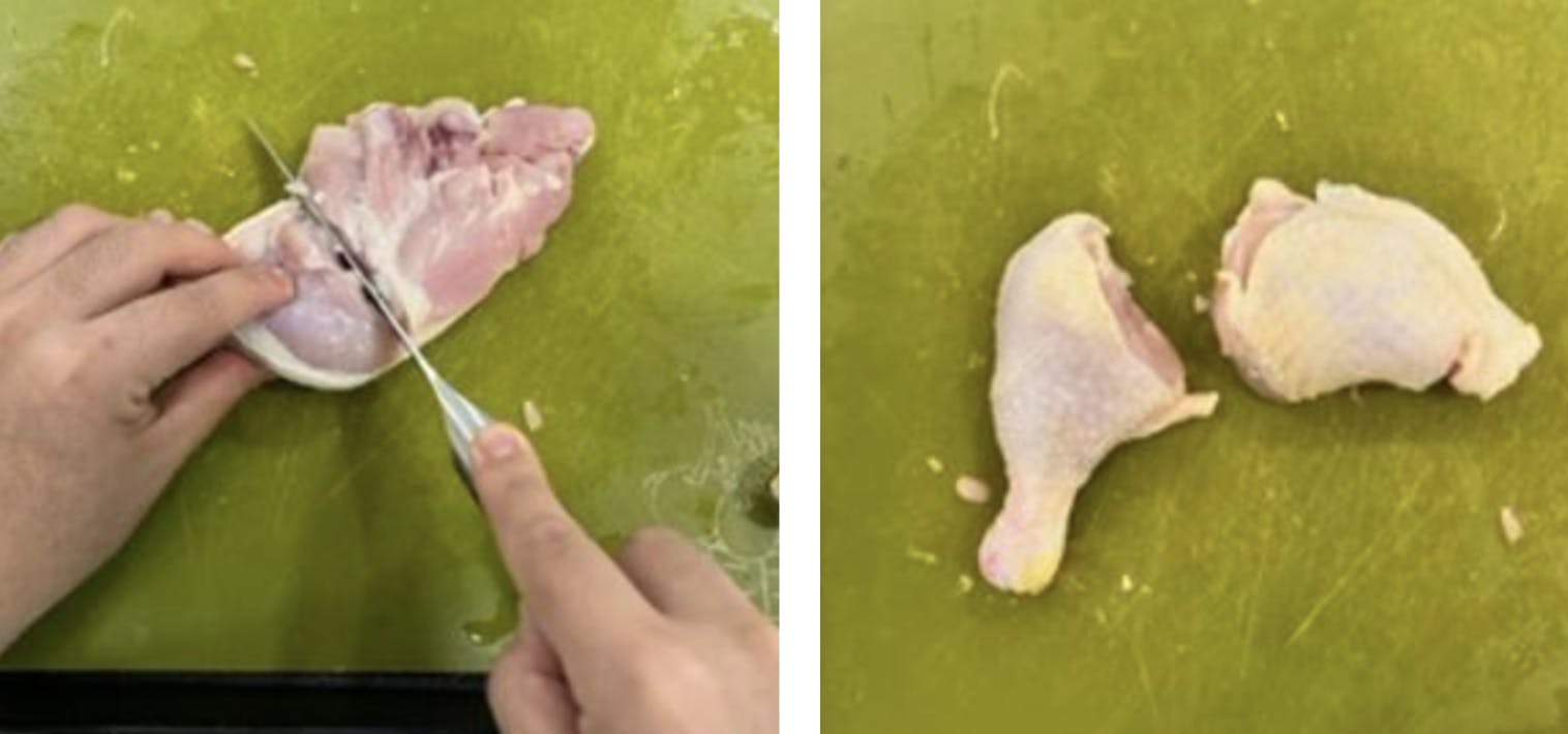 Two photos of breaking down raw chicken legs. 