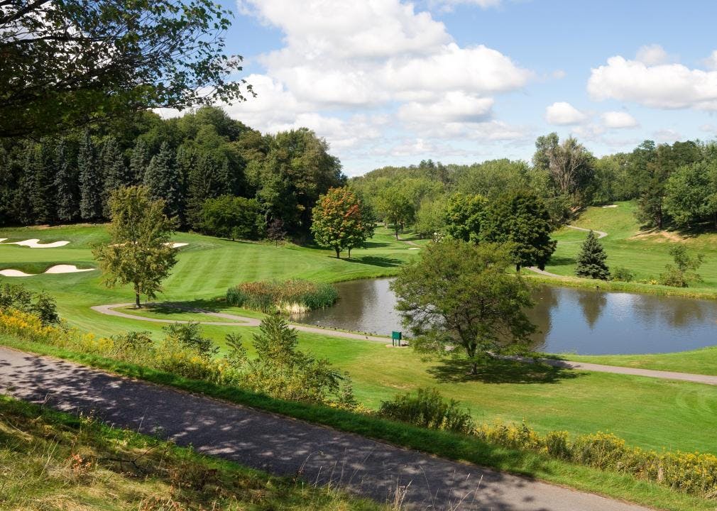 A view of a lake and trees on a golf course