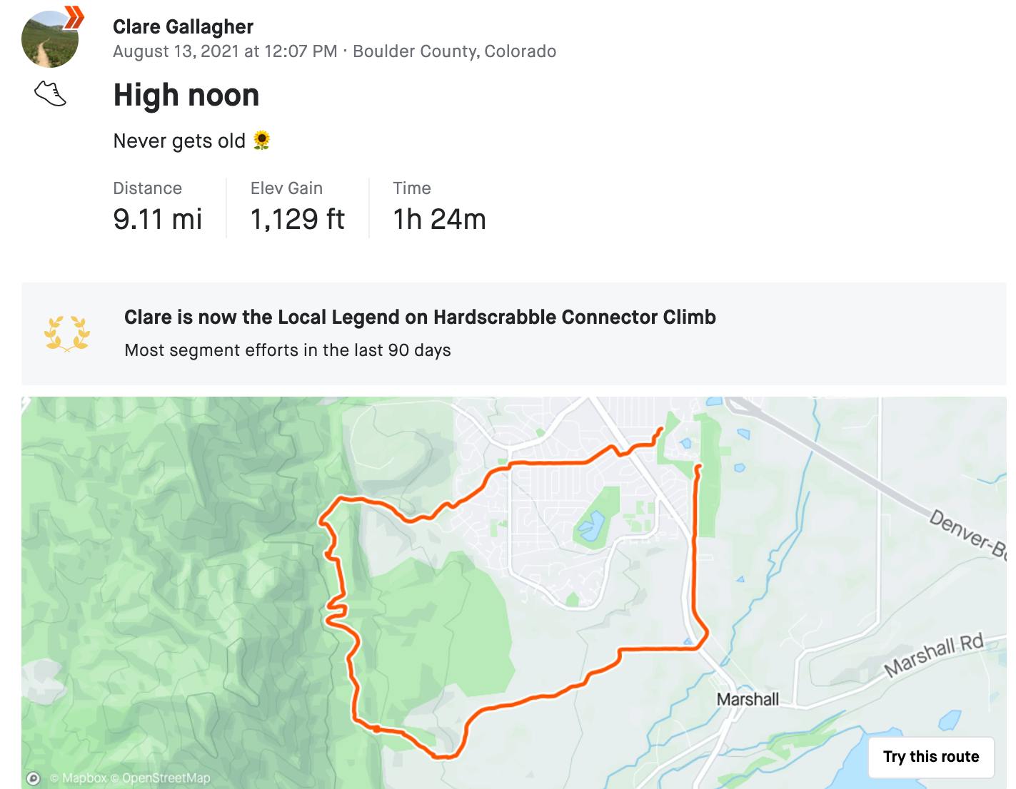 Screenshot from Pro Runner Clare Gallagher's Strava profile of a run around the Boulder, CO area.