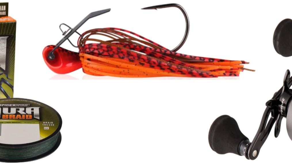 From left to right, the Dura Spiderwire Braid, the Berkley Slobberknocker, and the Revo Reel from Pure Fishing. 