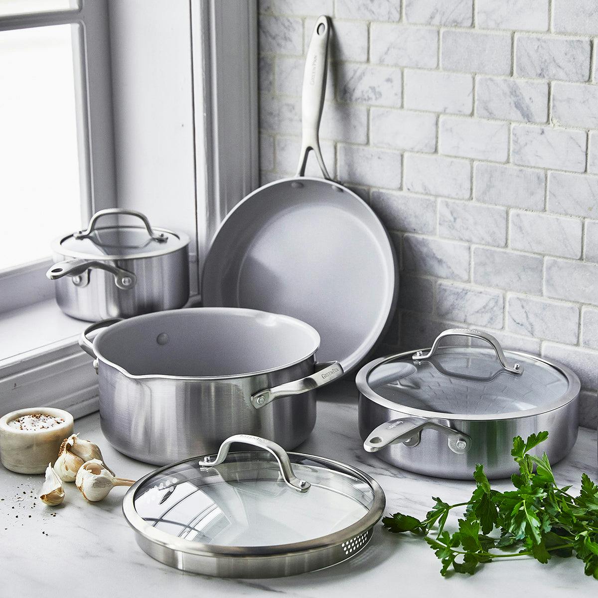 Marble Frying Pans, Venice Pots & Lids 9 Pcs Set