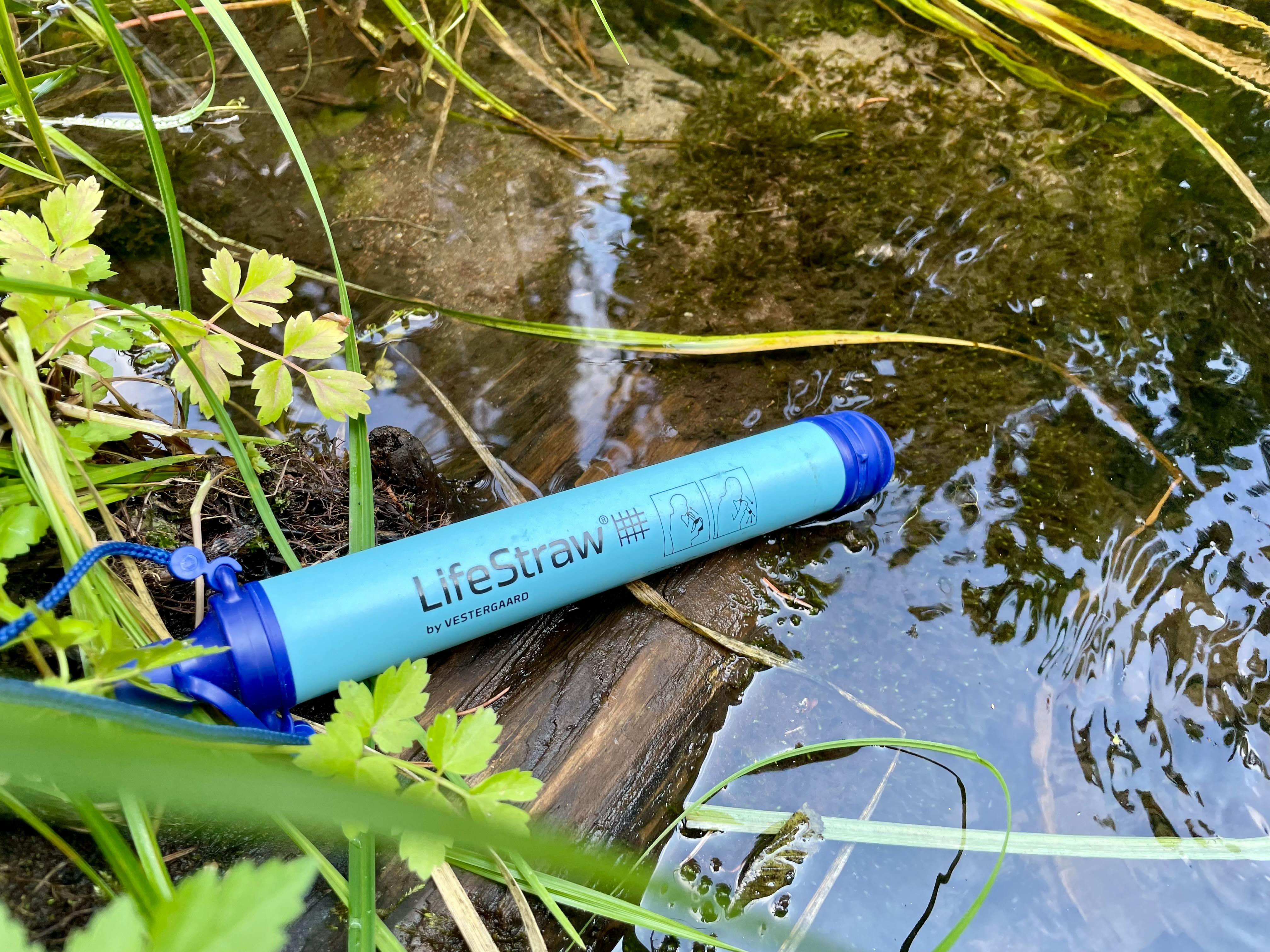 The author's LifeStraw is arranged half in and half out of the water to show how it works.