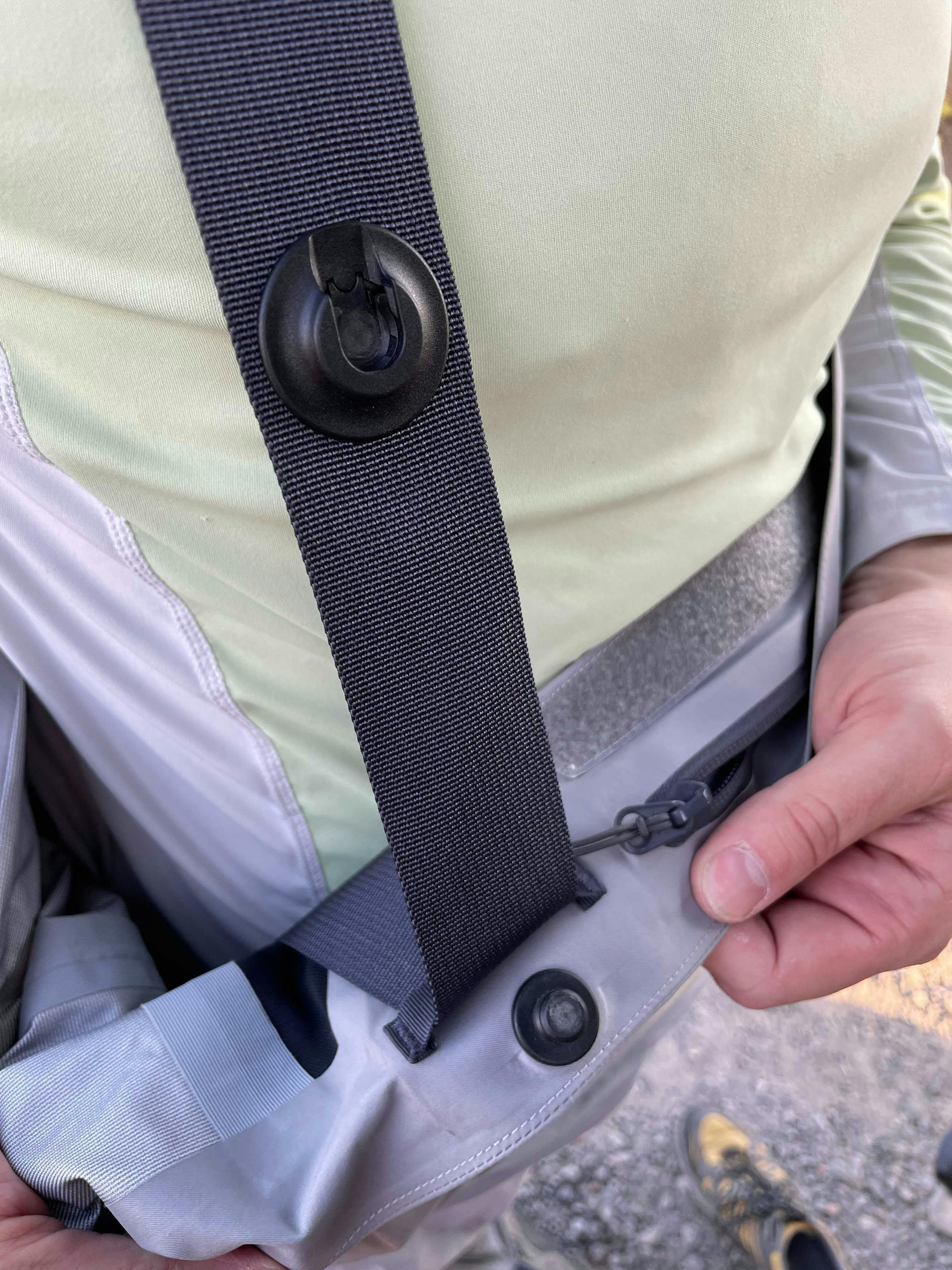 Close up of the suspender system on the Orvis Ultralight Convertible Waders
