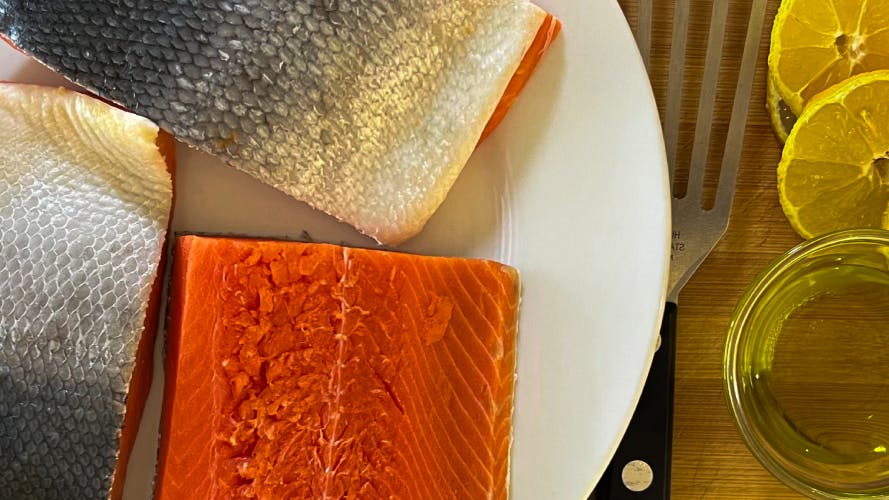Raw salmon fillets on a plate