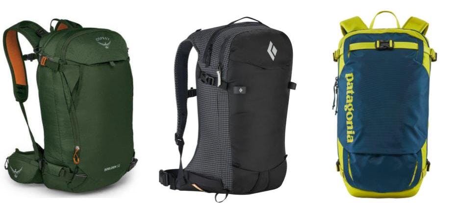 Three backpacks are pictured. From left to right: the Osprey Soelden 32L, the Black Diamond Dawn Patrol 35L, and the Patagonia Snowdrifter 30L.