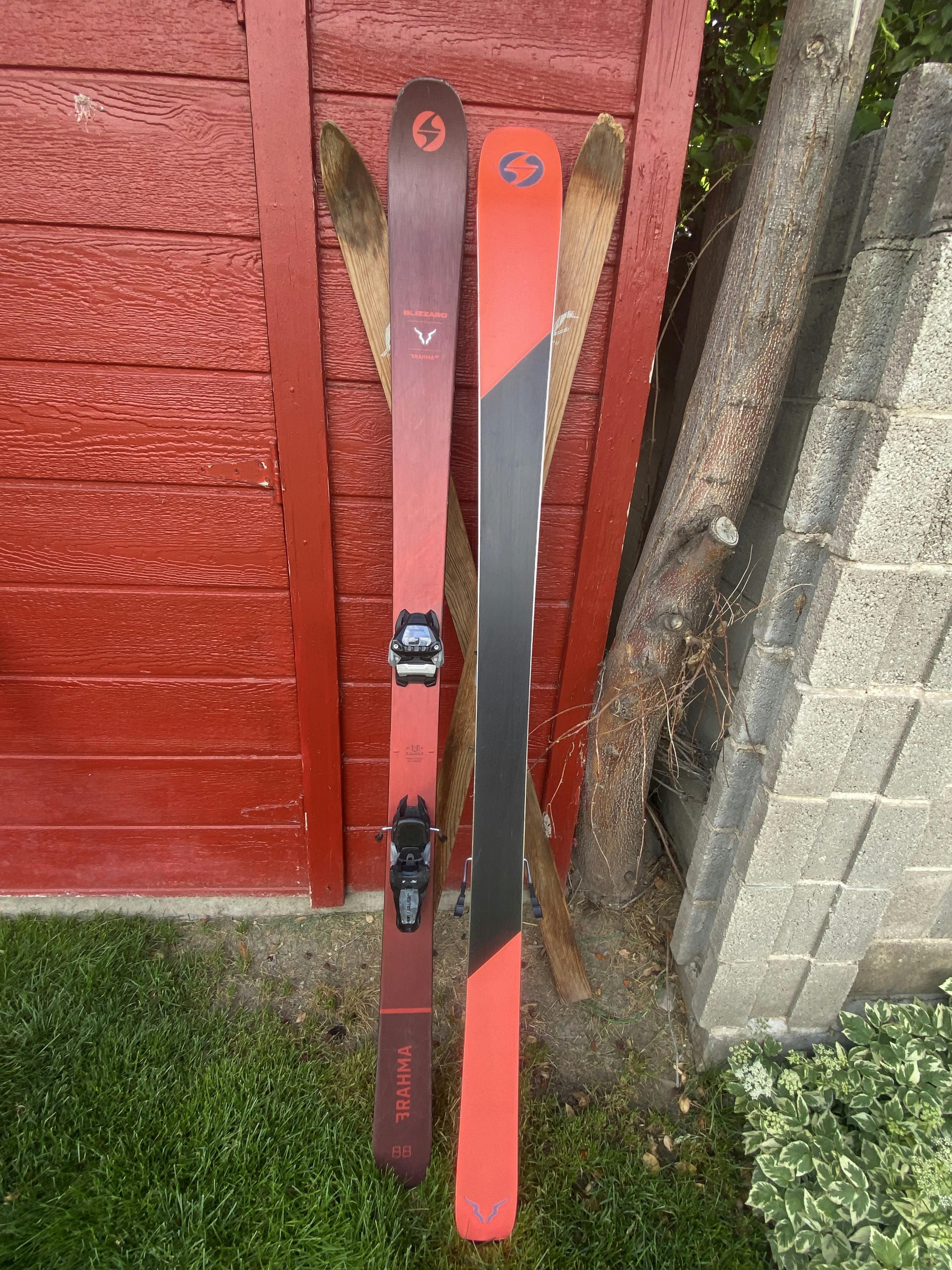 The bottom and top of the Blizzard Brahma 88 skis.