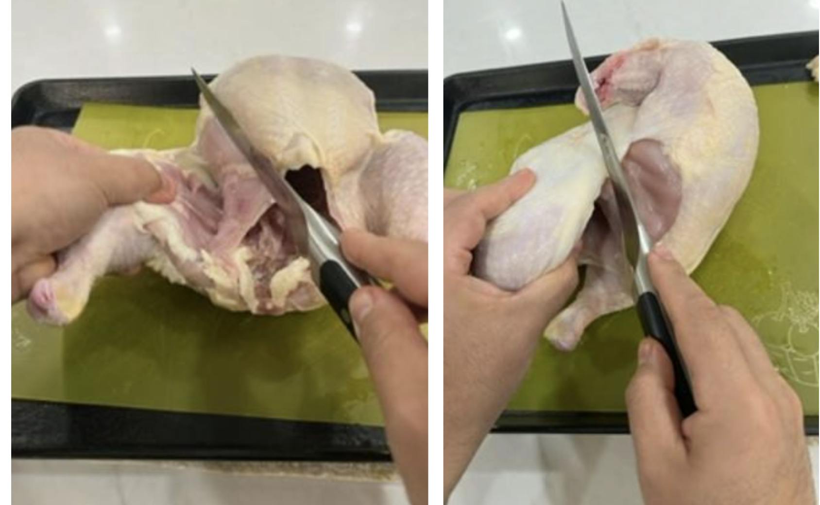 Two photos of cutting the legs off a raw chicken. 