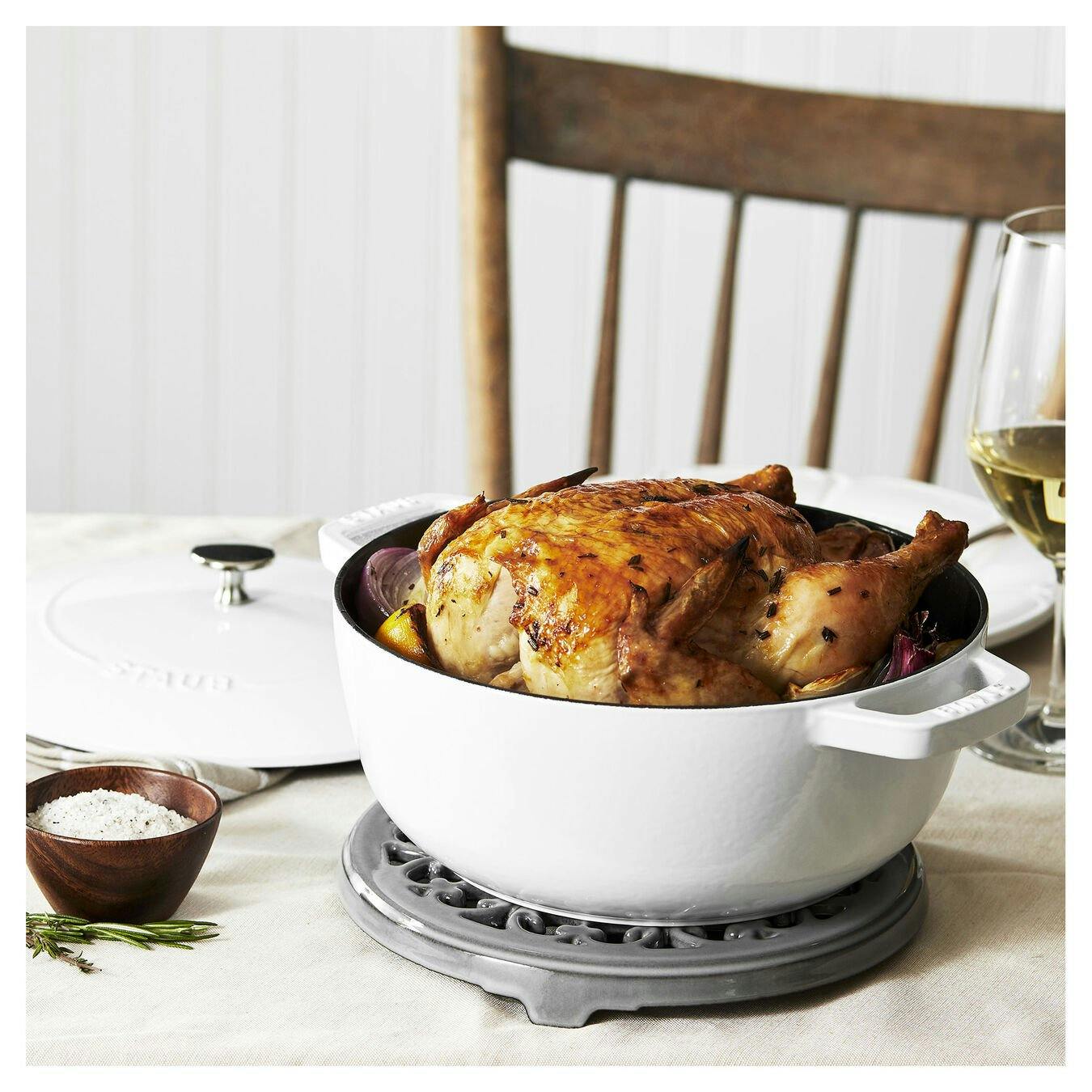 Staub Cast Iron 5.5QT Coq Au Vin Oval Dutch Oven - White Truffle