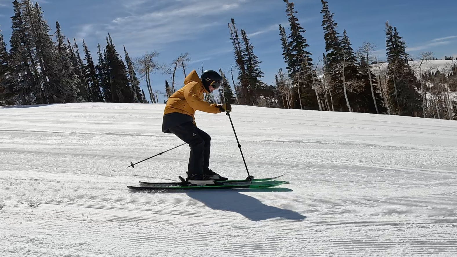 A skier turning on the Armada Declivity Ti 92 skis. 