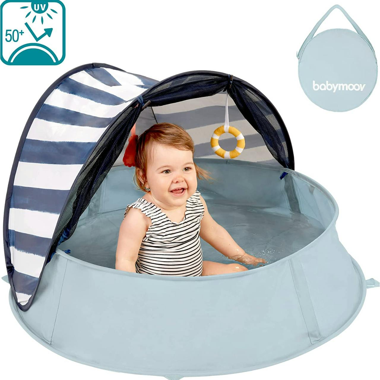 Babymoov Aquani Tent & Pool - 3 in 1 Pop Up Tent, Kiddie Pool and Play Yard · Blue/White