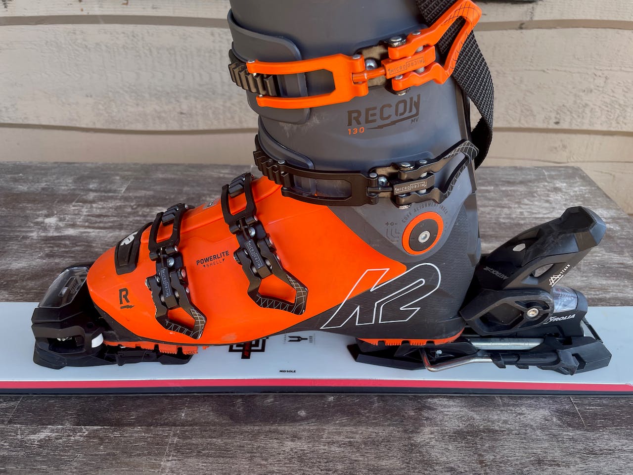 The K3 Recon boots clicked in to the Tyrolia Attack Bindings on a ski.